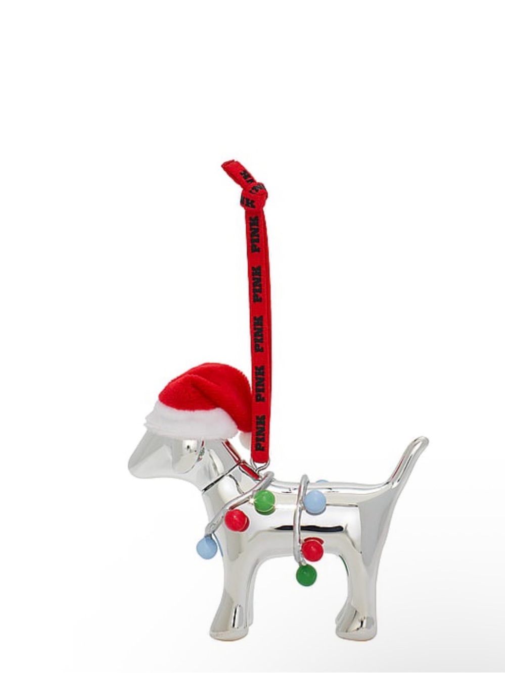PINK Dog Ornament with Red Santa Hat and Multicolor Bulbs
